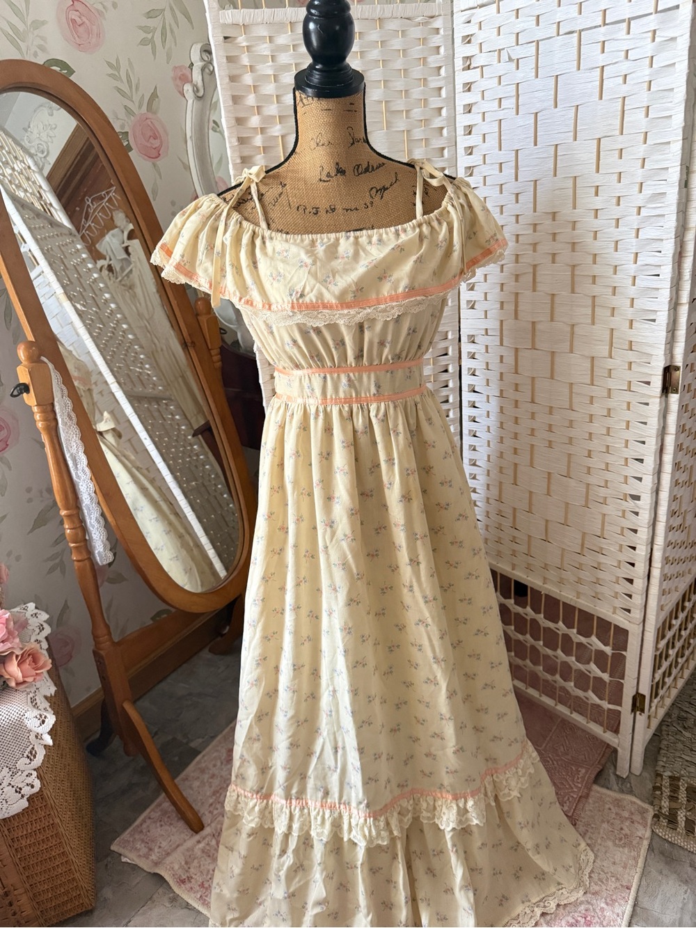 Vintage Lace Peach Floral Prairie Maxi Dress